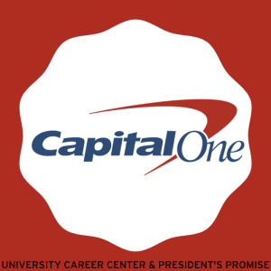 The capital one logo in a white scalloped circle surrounded by a red background