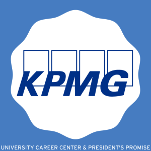 KPMG logo in a white scalloped circle in a light blue rectangle