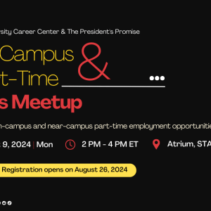 Promotional graphic for the On-Campus and Part Time Jobs Meet up including dates and registration information.