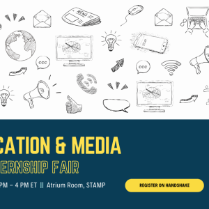 Communication & Media Career & Internship Fair promotion featuring event details. 