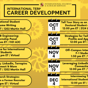 Promotion for the International Terp Career Development workshops.