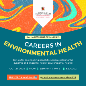 Multicolored wavy graphics about a block of text with the description " Career in Environmental Health,  discussion exploring the dynamic and impactful field of environmental health"