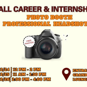 A camera is positioned in the center screen surrounded by text promotiing dates and times of the photbooth at the Fall Career Fair. 