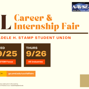 Fall Career & Internship Fair banner featuing event time, dates, and sponsor:Navsea.