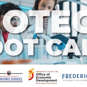 BIOTECH BOOT CAMP is spelled out in the foreground while scientists working in a lab are pictured in the background.