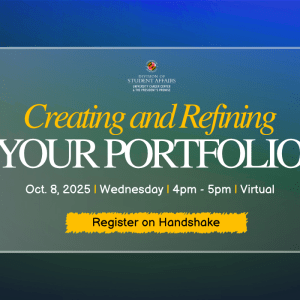 Event details for the Crafting and Refining your portfolio workshop are centered in the text and surrounded by a star, laptop, target, and a light bulb graphic.