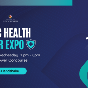 A medical shield is placed text the expo text, with various blue lines running along the background of the image.