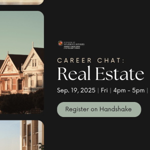 A batch of houses are pictured to the left of a body of text related to the career chat real estate event. 