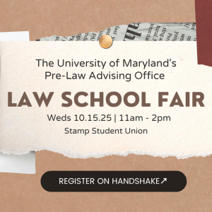 An image of small wooden blocks with outlines of a person are to the left behind a magnifying glass next to a body of text describing the law school fair.
