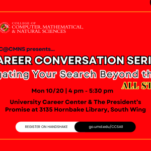 Career Conversation Series promotion which includes a magnifying glass on the left and two people with a spyglass. 