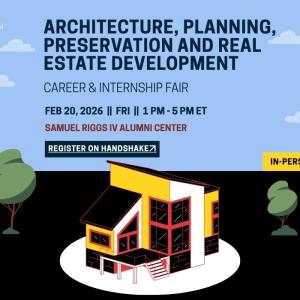 Promotional infographic for the University of Maryland's Architecture, Planning, Preservation and Real Estate Development Career & Internship Fair 2026. 