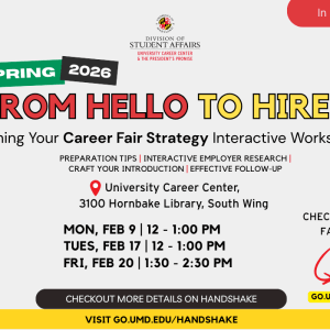 Promotional infographic for the From Hello to Hired refining your career fair strategy interactive workshop.