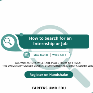 Promotional infographic for the how to search for an internship workshop