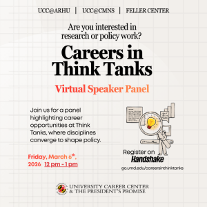 A promotional infographic for the careers in think tanks panel.