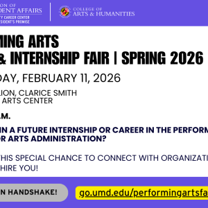 Promotional infographic for the 2026 Performing Arts Career & Internship Fair