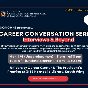 A promotional infographic promoting the career conversation series interviews and beyond workshop.