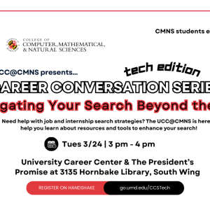 A promotional infographic for the career conversations series regarding navigating your search beyond the fair workshop.