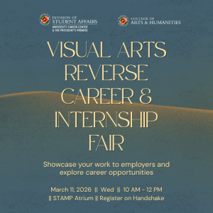 Promotional infographic for the 2026 Visual Arts Reverse Career & Internship Fair