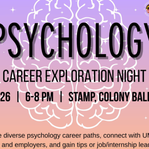 A promotional infographic for the Psychology Career Exploration Night career networking event.