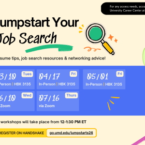 Promotional infographic for the jumpstart your job search workshop series.