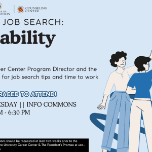 An infographic for the Managing the Job Search Accountability Hour workshop, which incudes event details, time and date.
