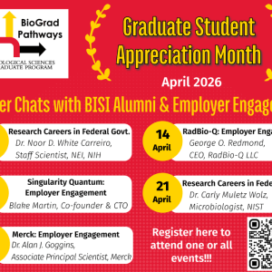 An infographic for the Graduate Student Appreciation Month that includes a series of career support events, including dates, times, and registration information.