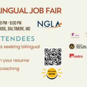 An event infographic for the Next Generation Language Access job fair featuring event details such as date, time, location, as well as logos for employers attending the job fair.