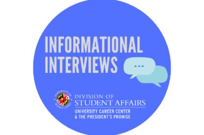 A blue circular graphic reading "Informational Interviews" with two small speech bubble icons.