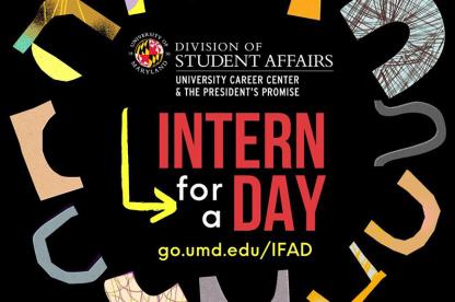 A graphic on a black background reading "Intern for a Day" in bold red and white text, surrounded by a ring of colorful abstract shapes.